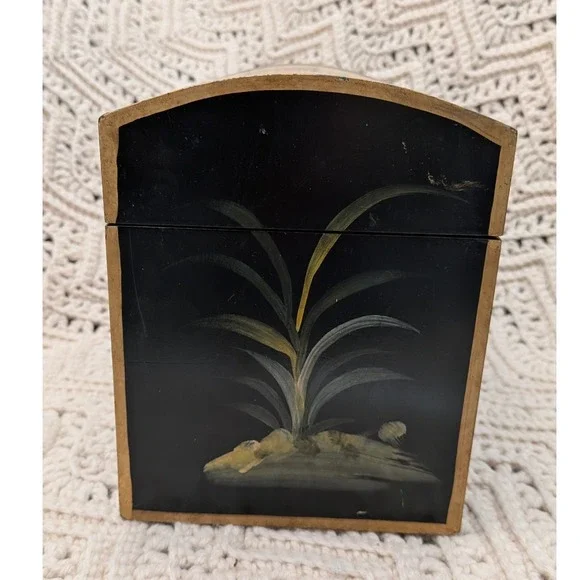Vintage Hand Painted Floral Wooden Keepsake Chest Black Gold Jewelry Box 9.5in - Picture 5 of 11